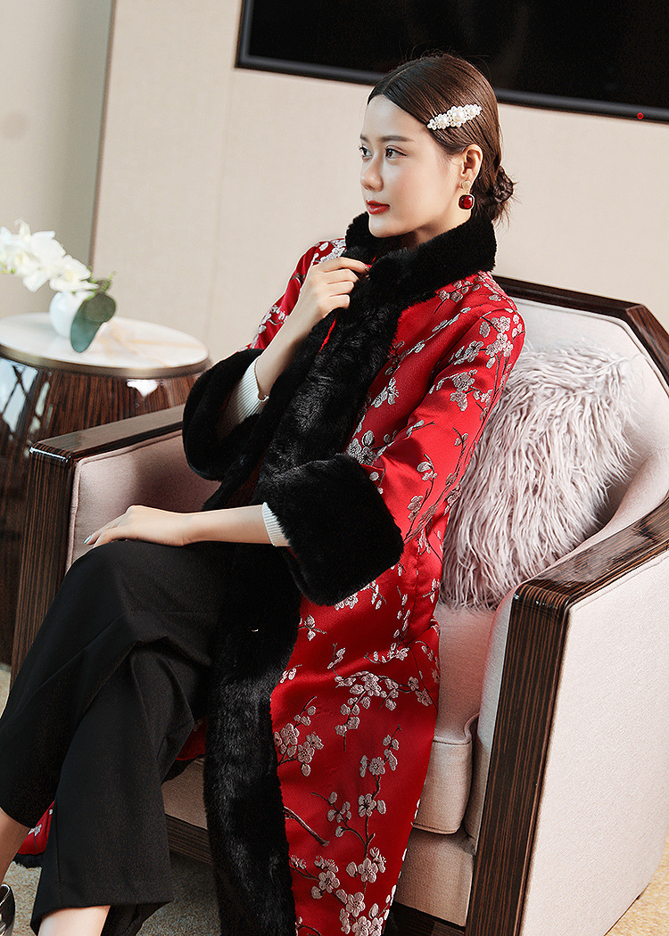 冬装新款民国中式复古中国风中长款夹棉加厚棉衣毛领外套货号yyh9929