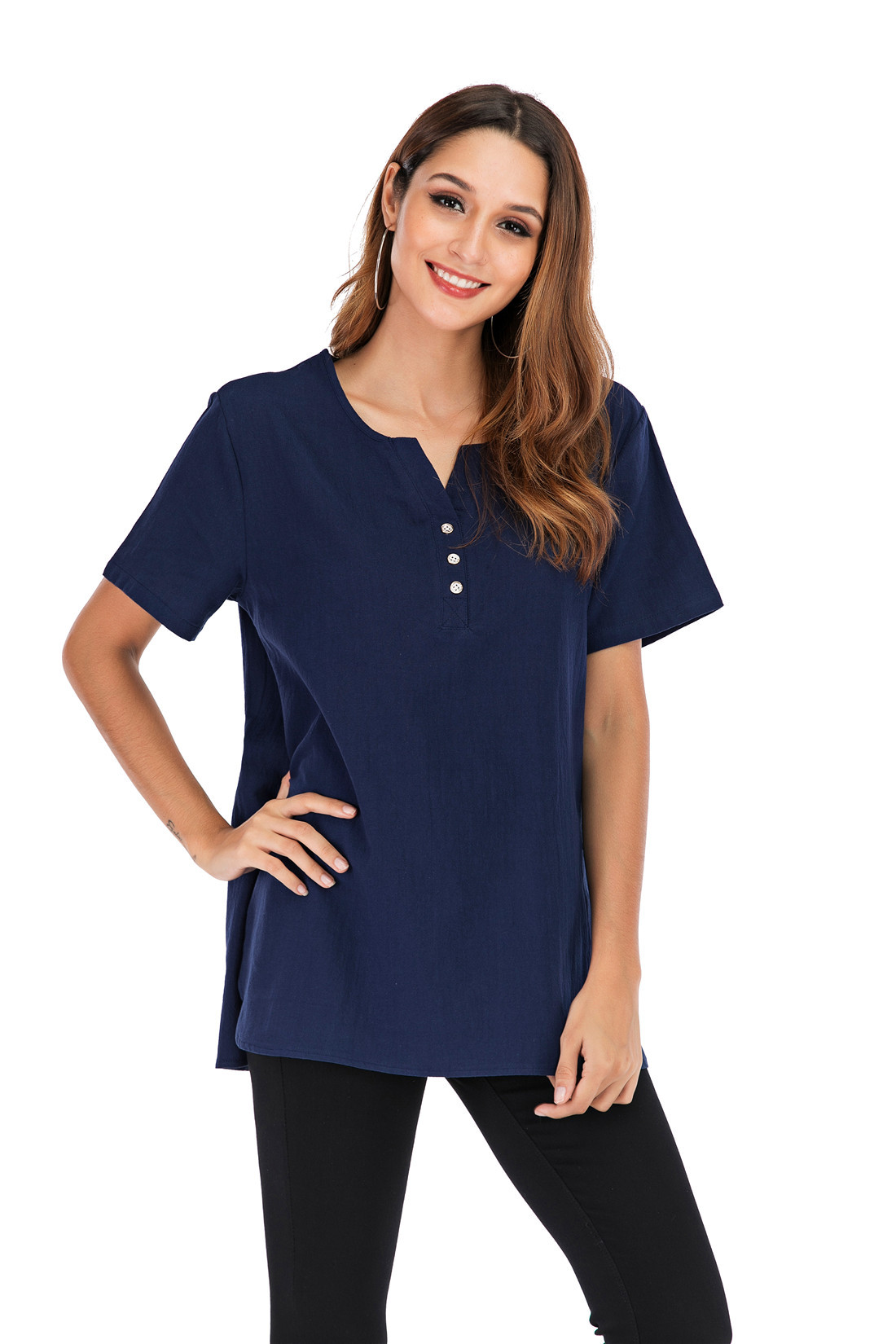 外贸新款2019夏季欧美气质套头v字领短袖宽松型女式t恤工厂批发