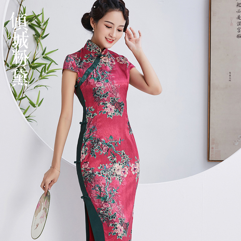 真丝长款优雅定制手工盘扣月牙袖旗袍裙礼服2019春新款宴会