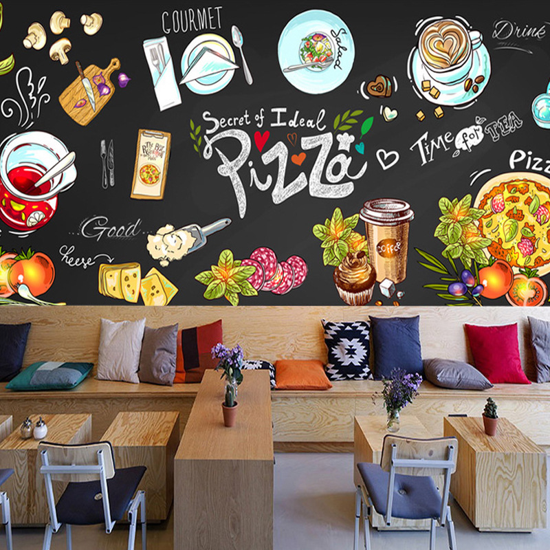 复古怀旧手绘涂鸦黑板壁画西餐厅背景墙壁纸炸鸡店汉堡披萨店墙纸