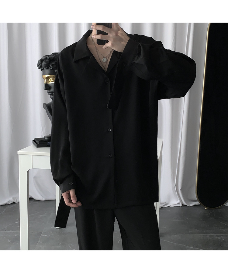 新款暗黑禁欲系黑色白色衬衫男长袖韩版设计感慵懒风气质衬衣男白
