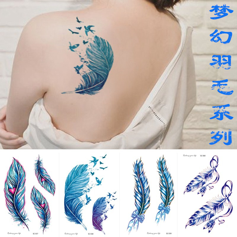 亚马逊热销防水汗逼真羽毛纹身贴纸 彩色梦幻小花臂手臂遮疤文身