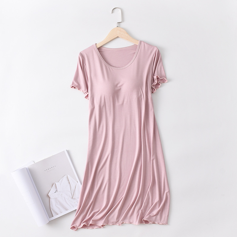 Modal Short-Sleeved Nightdress with Chest Pad Pajamas Thin Bra-Free Large Size Ruffled Dress Women's Summer Homewear