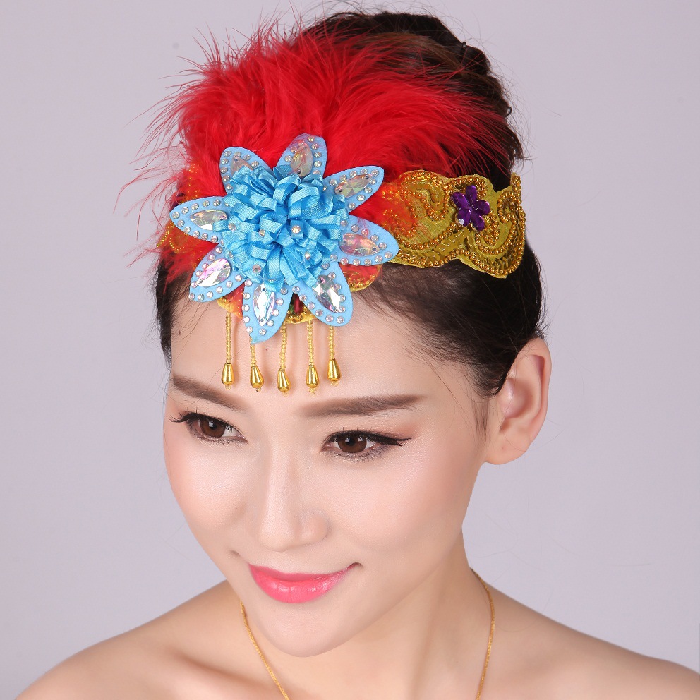 舞蹈头饰广场舞头花演出表演服新款羽毛广场舞秧歌银色古典舞民族