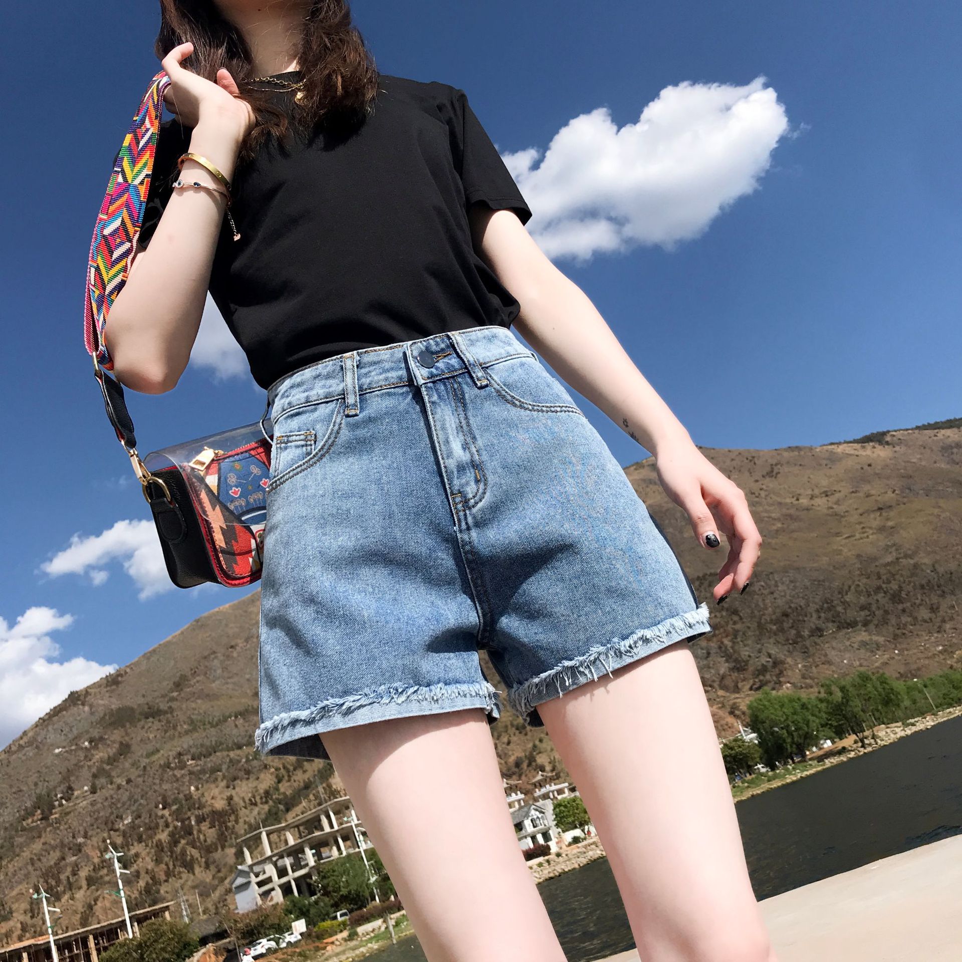2020夏季新款高腰毛边牛仔短裤女韩版潮流宽松阔腿短裤百搭热裤子