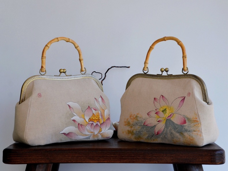 高端民族风棉麻荷花手绘包配旗袍汉服包包女2019新款手提包单肩包