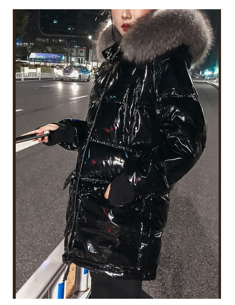 2019新款爆款大毛领韩版宽松漆皮亮面羽绒服女中长款加厚冬季外套