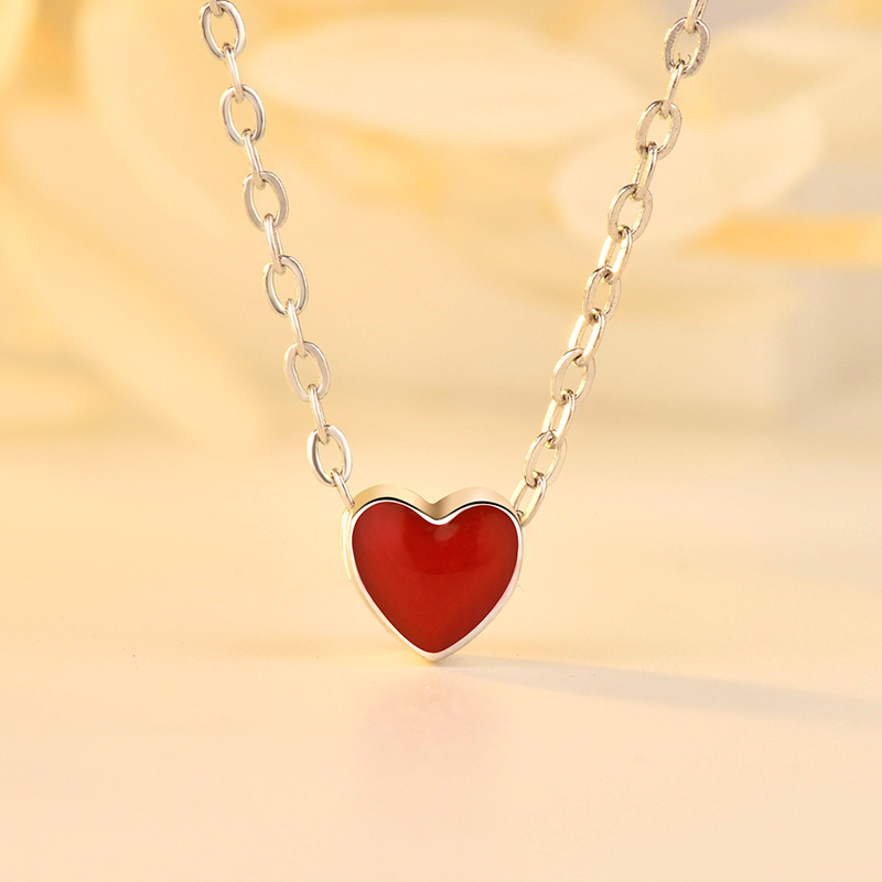 丽铭s925纯银小红心项链女韩版小清新双面滴釉桃心吊坠学生锁骨链