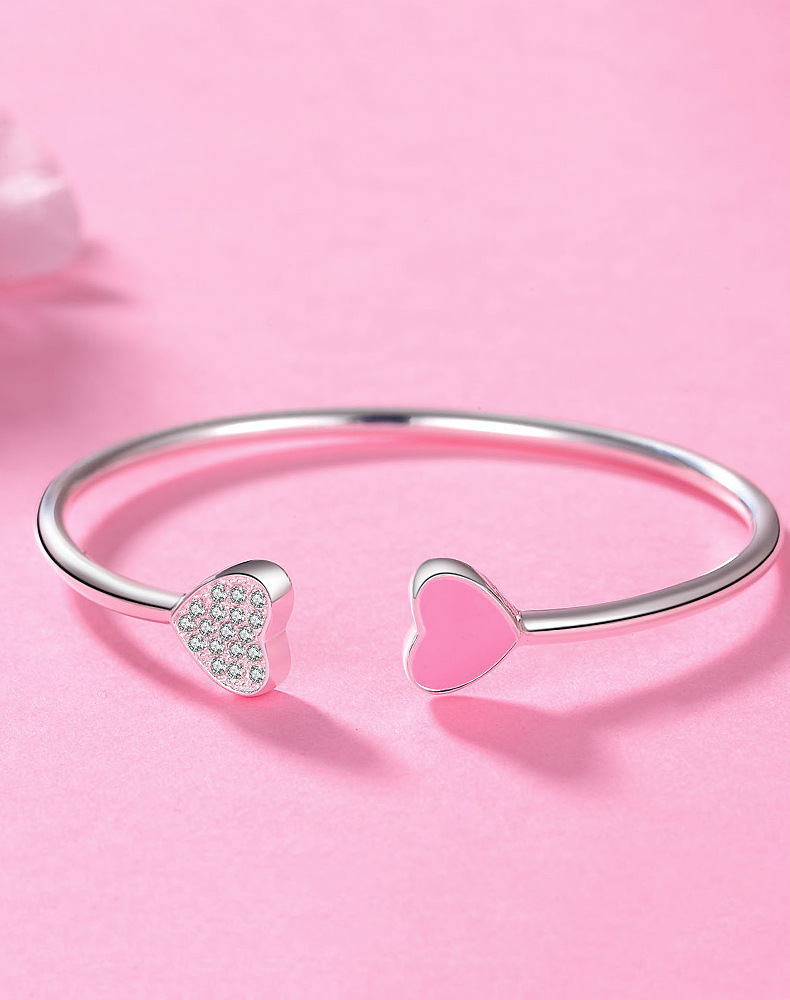 990足银爱心手镯女 韩版浪漫粉色开口桃心纯银镯子心形送女友礼物