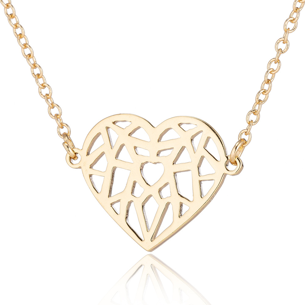 韩版简约气质镂空爱心桃心女锁骨链批发心形折纸吊坠厂家现货直销