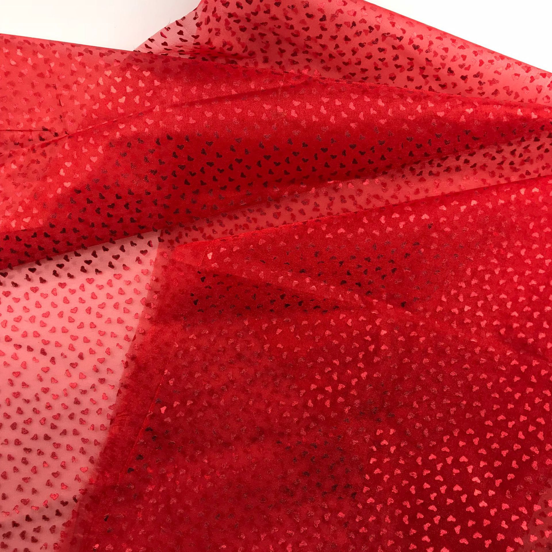 情人节系列 厂家直销雪纱胶浆印花红色小爱心形礼品包装装饰面料