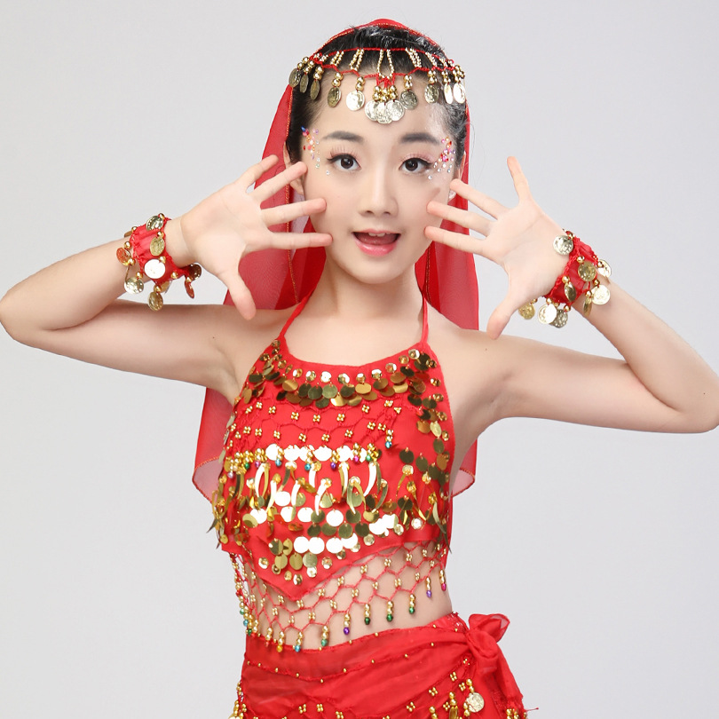 儿童肚皮舞服 六一节日亮片舞台演出服 舞台表演服铃铛肚兜上衣