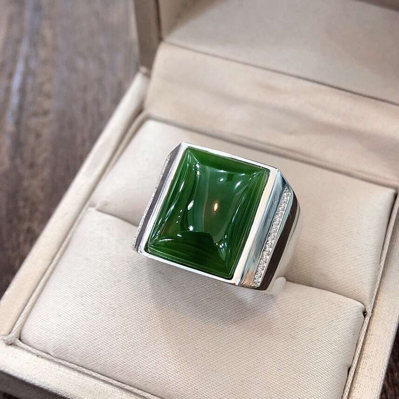 s925银镶和田碧玉男戒大戒面方形男款戒指阳绿玉石指环男士带证书