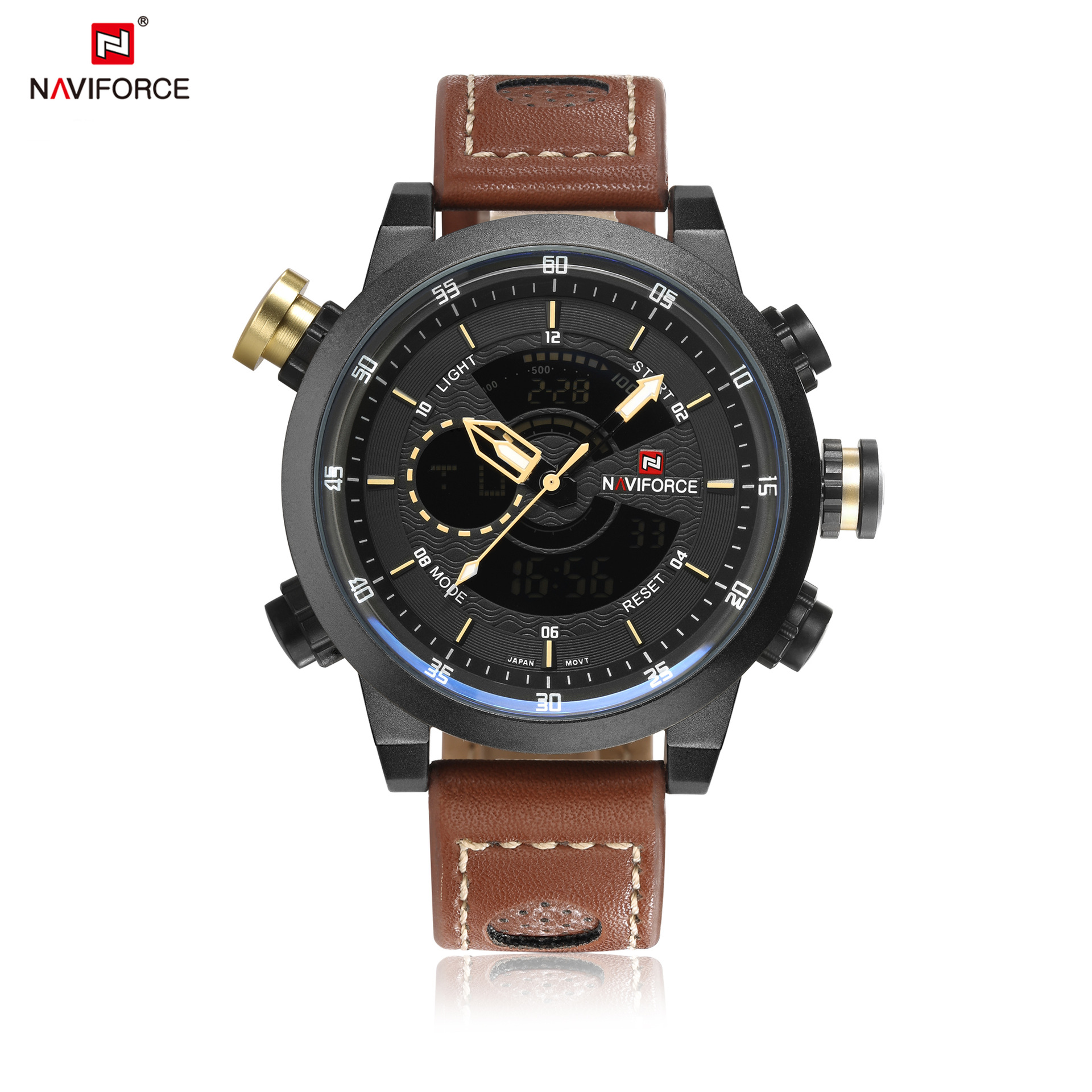 正品领翔naviforce男士大表盘皮带防水多功能户外运动手表9081