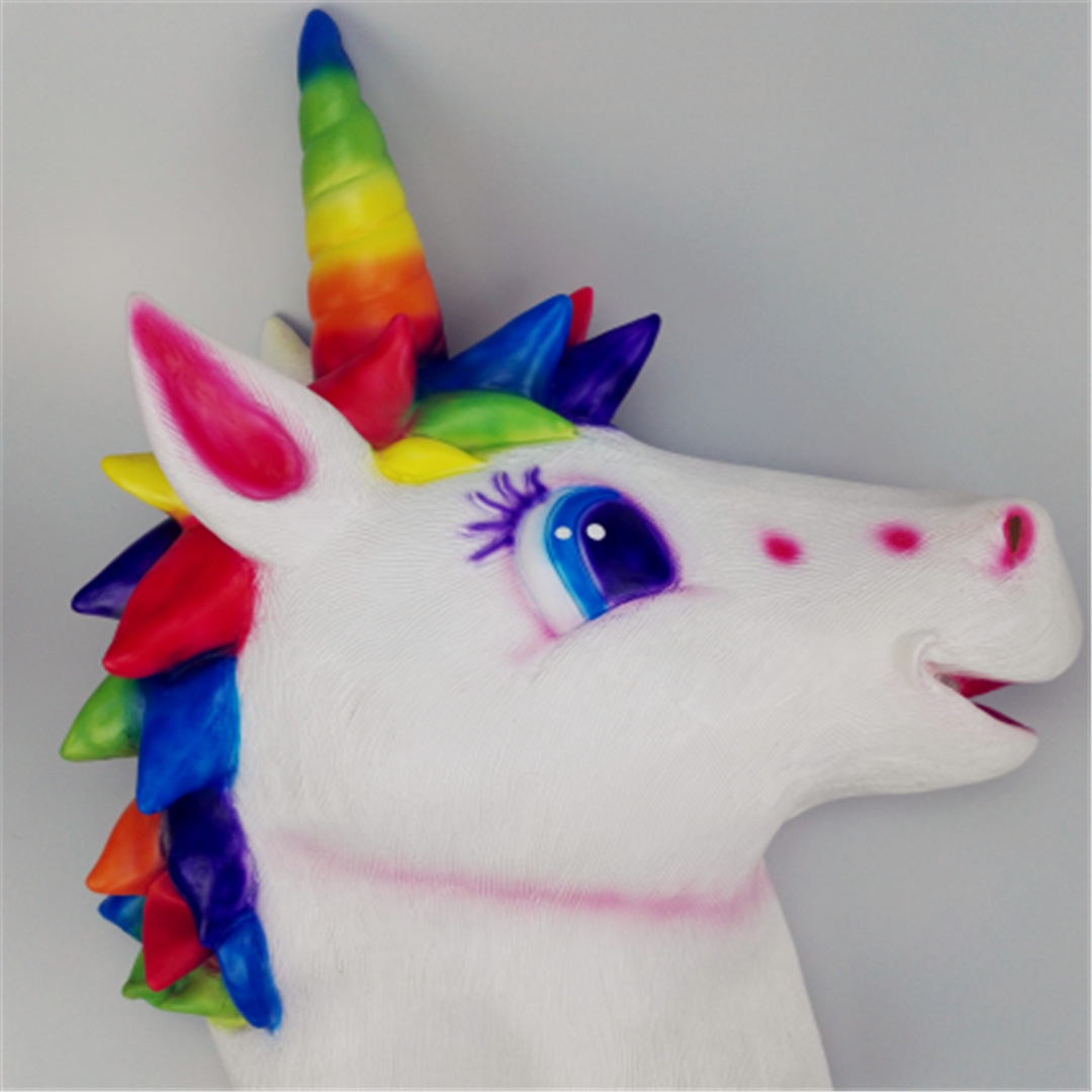 七彩马逼真万圣节派对面具 cos表演动物头套 彩虹马头乳胶面具