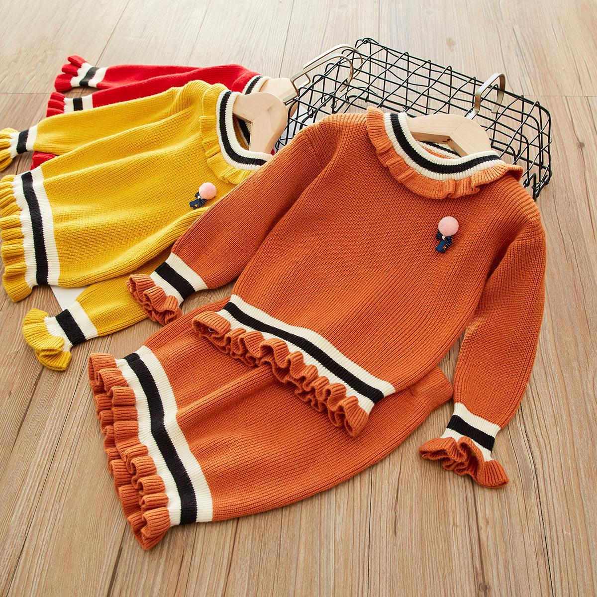 2019女童秋装新款儿童针织衫童装毛衣条纹拼色褶皱花边两件套代发