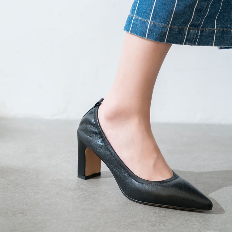 仙姿缘单鞋女2019新款真皮高跟鞋女尖头粗跟女鞋全皮鞋子工作鞋女