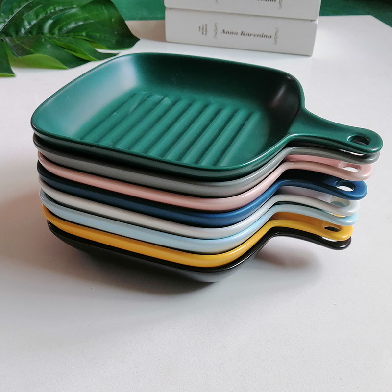 Nordic Simple Striped Baking Tray Cheese Baked Rice Plate Ceramic Western Plate Oven Tableware Creative Dinner Plate Household