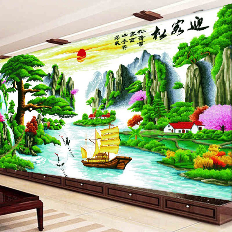 2020线绣新款精准印花十字绣迎客松财运版客厅风景山水画2米大幅