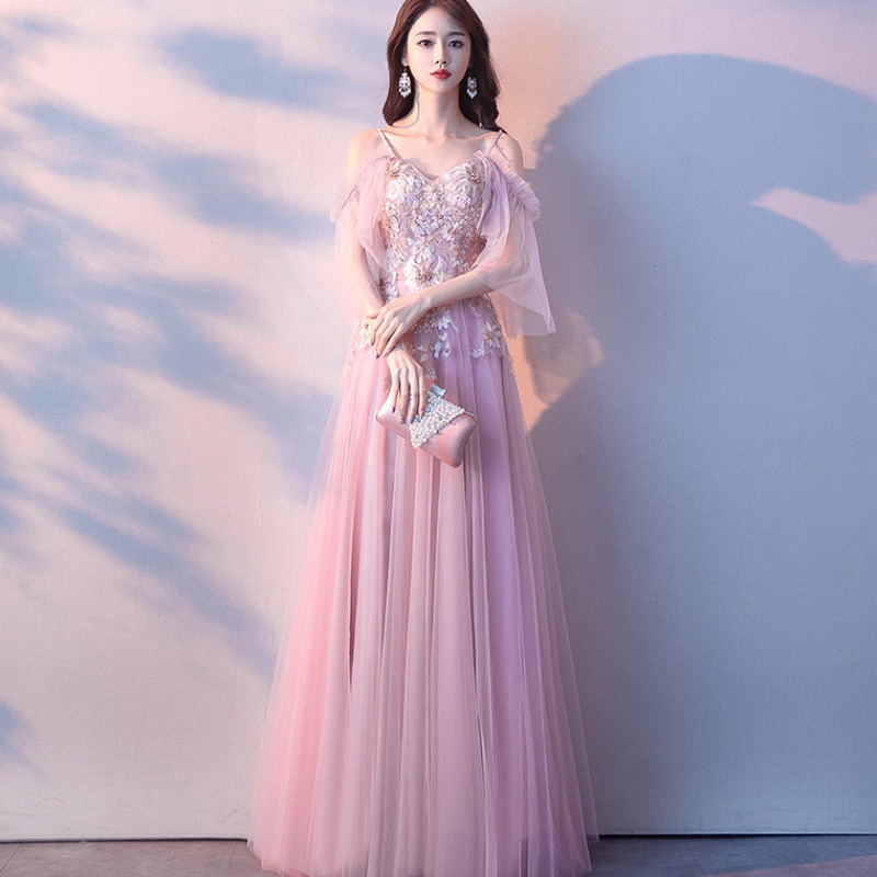 紫色星空晚礼服梦幻长裙宴会主持人气质优雅渐变色网纱礼服裙春夏