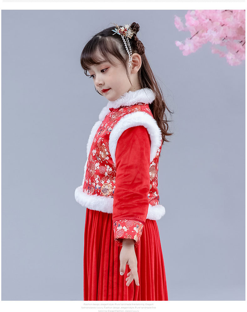 儿童喜庆年服女童旗袍裙套装加厚夹棉冬装拜年服小女孩中国风唐装