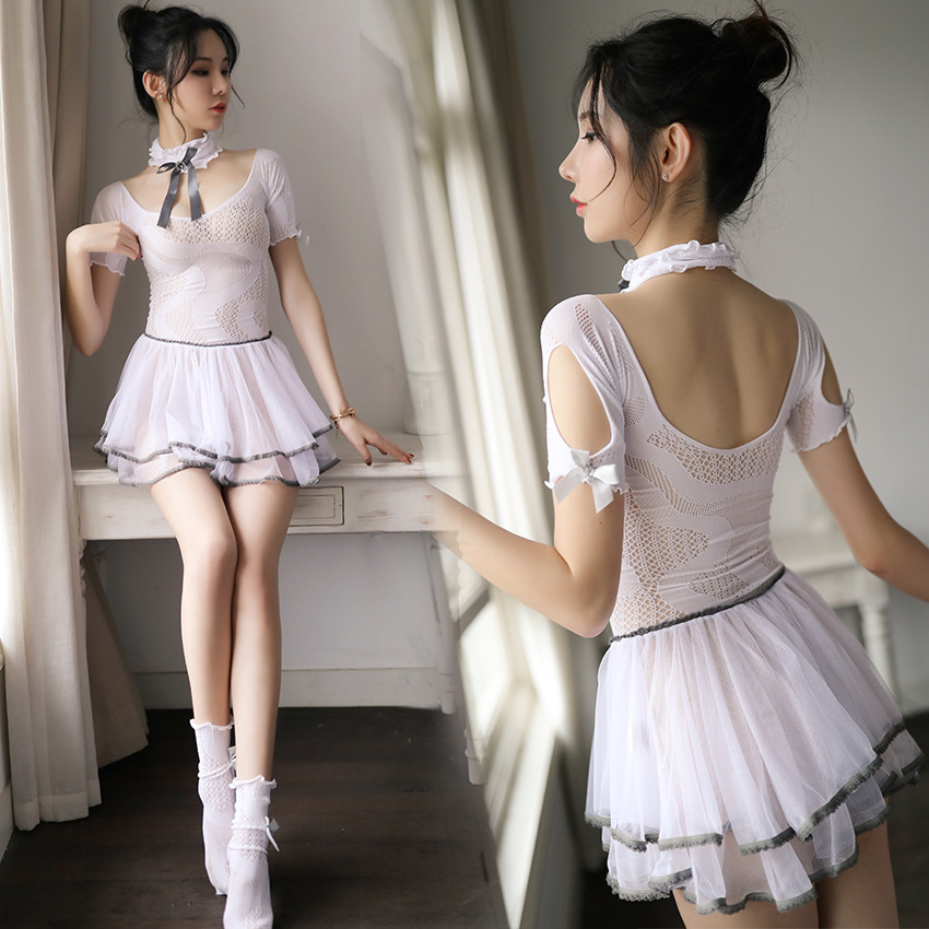 品色服饰性感蝴蝶结连衣裙制服诱惑睡衣短裙蕾丝网纱齐臀透视超短