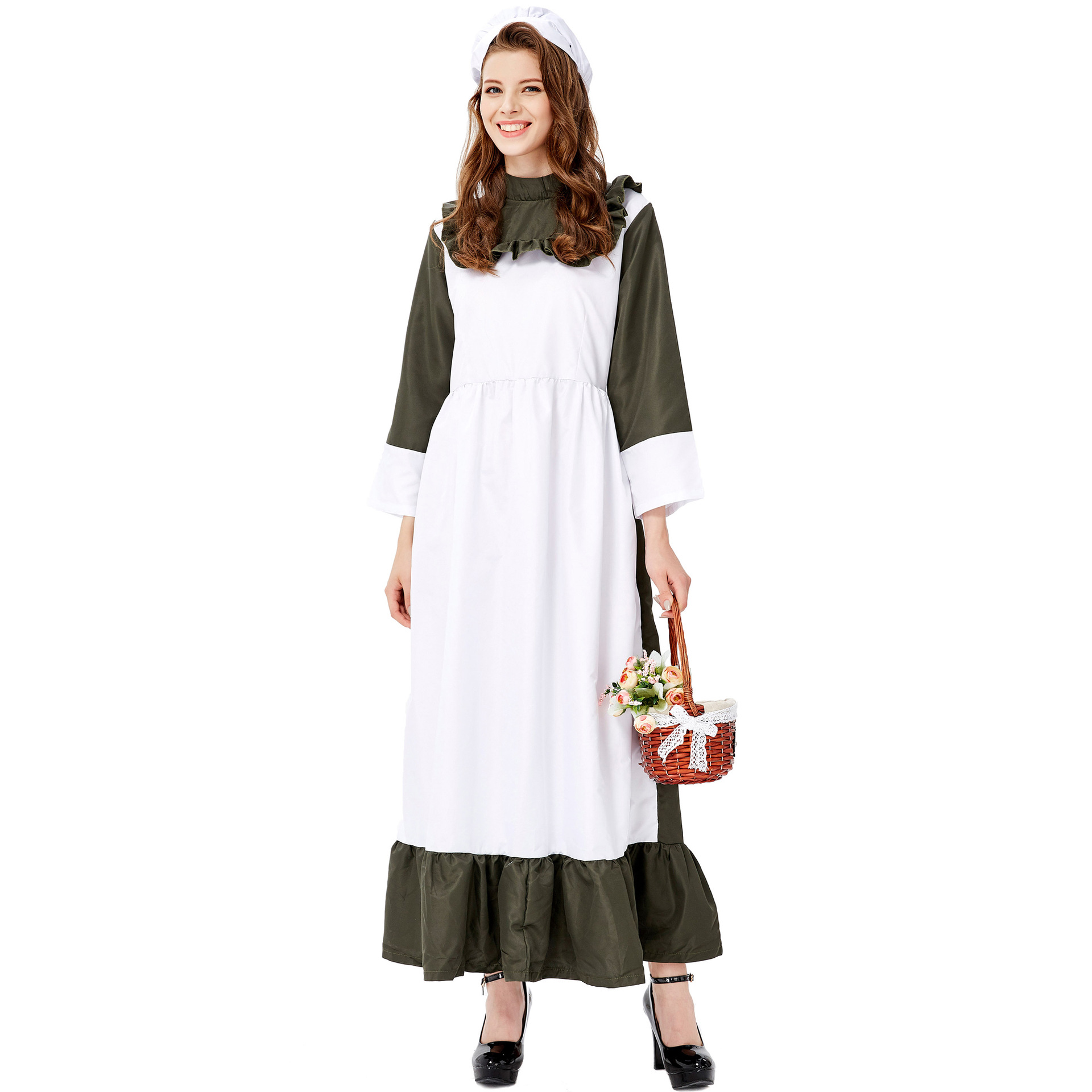 欧美农庄女佣 墨绿色厨娘服装 女仆厨师装扮 农场庄园舞台演出服