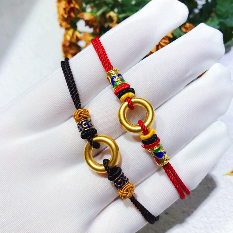 足金999纯黄金古法金刚圈手链男女情侣款圆月亮金圈手链复古手绳