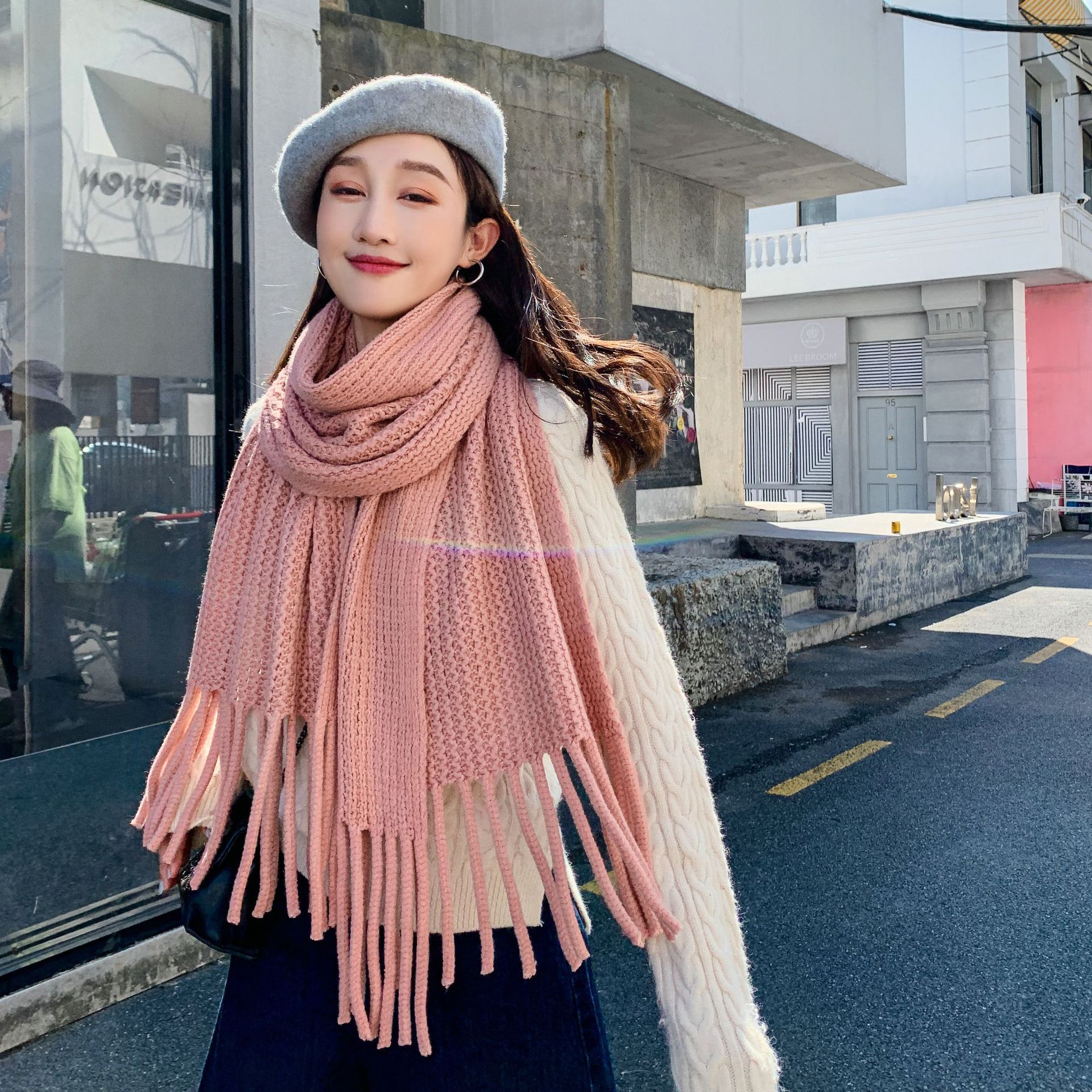 韩版秋冬新款时尚麦穗围巾女面条长流苏仿羊绒百搭保暖披肩批发