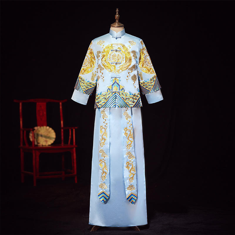 2022春季新款秀禾服蓝色男装中式结婚新郎服装龙凤褂男士礼服秀禾