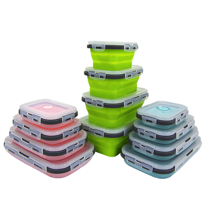 Food Grade Square Portable Foldable Silicone Lunch Box Refrigerator Microwave Oven Bento Lunch Box Storage Box Outdoor Lunch Box