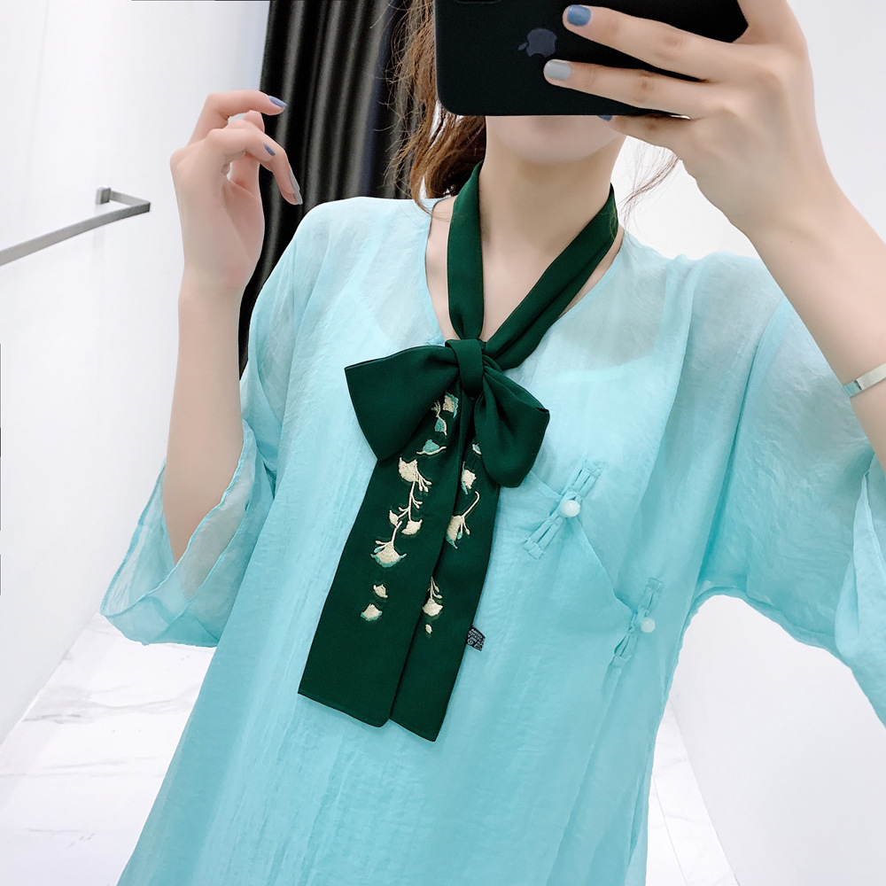 新款复古风苏州手工刺绣汉服长款百搭蝴蝶结头饰配饰飘带绣花丝巾
