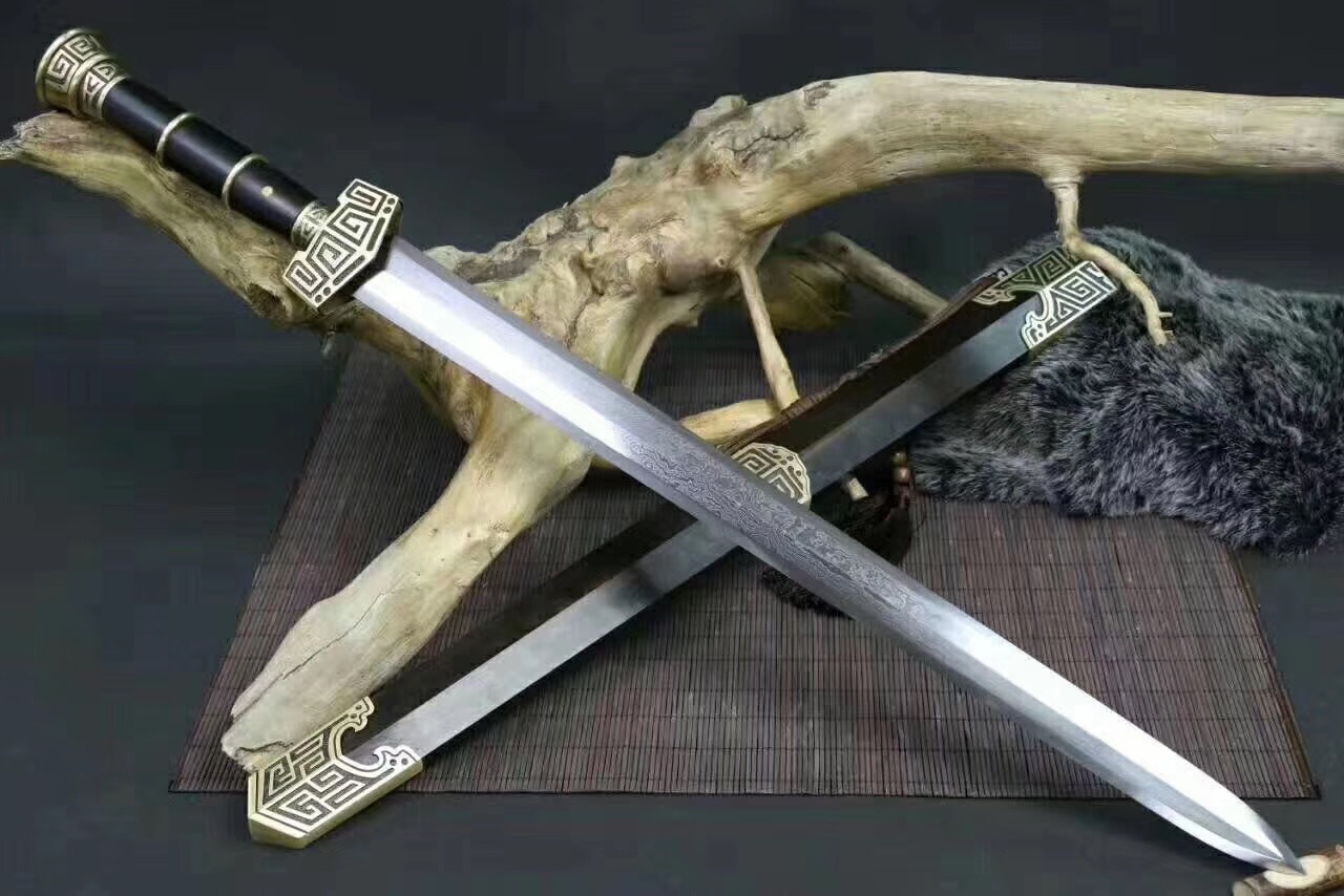 龙泉刀剑秦始皇战剑锻打花纹钢黑檀木古典收藏未开刃