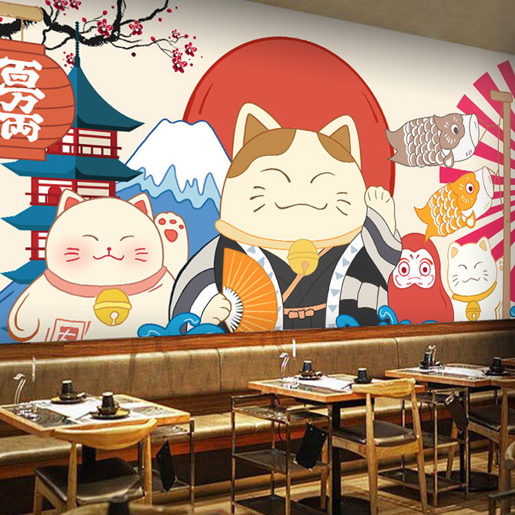 日式寿司料理餐厅墙纸手绘招财猫壁画日系和风装修壁纸居酒屋墙布
