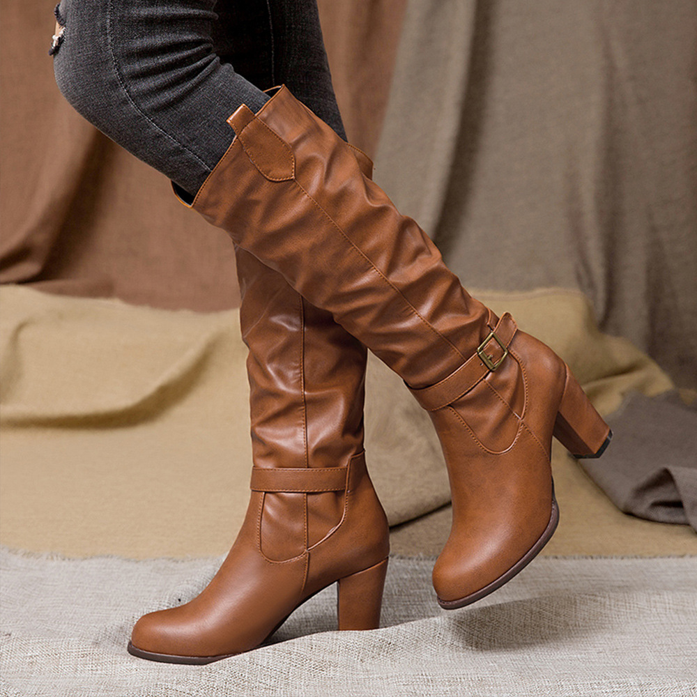 新款时尚休闲圆头纯色套脚皮带扣粗高跟女士及膝靴