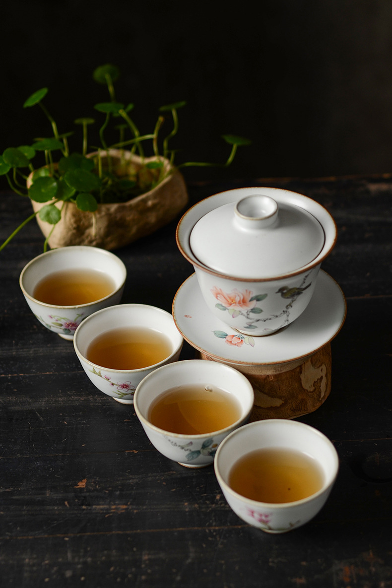 开片汝窑手绘花鸟盖碗茶杯套装陶瓷家用泡茶器茶壶功夫茶具整套