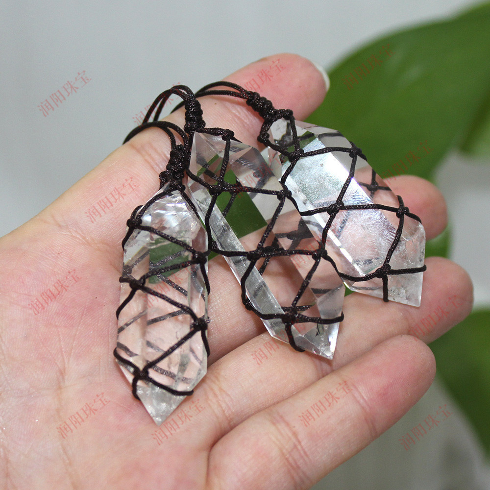 runyangshi天然白水晶六棱单尖柱手工编织网兜能量石吊坠项链饰品