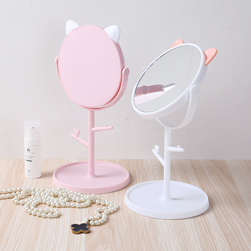 Creative Cartoon Cat Mi Ear Desktop HD Single-Sided Makeup Mirror Student Soft Girl Dormitory Desktop Storage Dressing Mirror