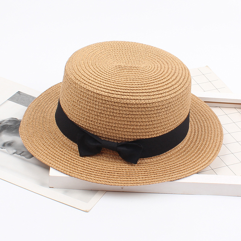 Spring and Summer Korean Straw Hat British Retro Europe and America Bow Flat Top Hat Sun-Proof Beach Hat