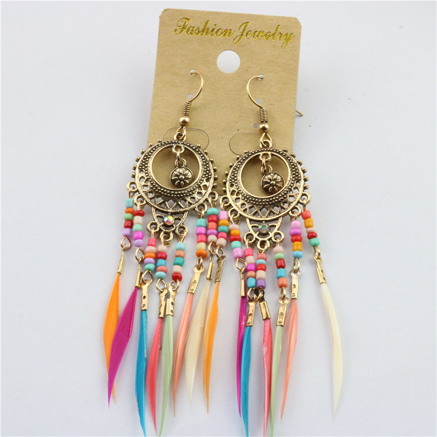 2019 European and American Personalized Exaggerated Hot Selling Bohemian Vintage Hollow Oval Colorful Bead Feather Tassel Earrings