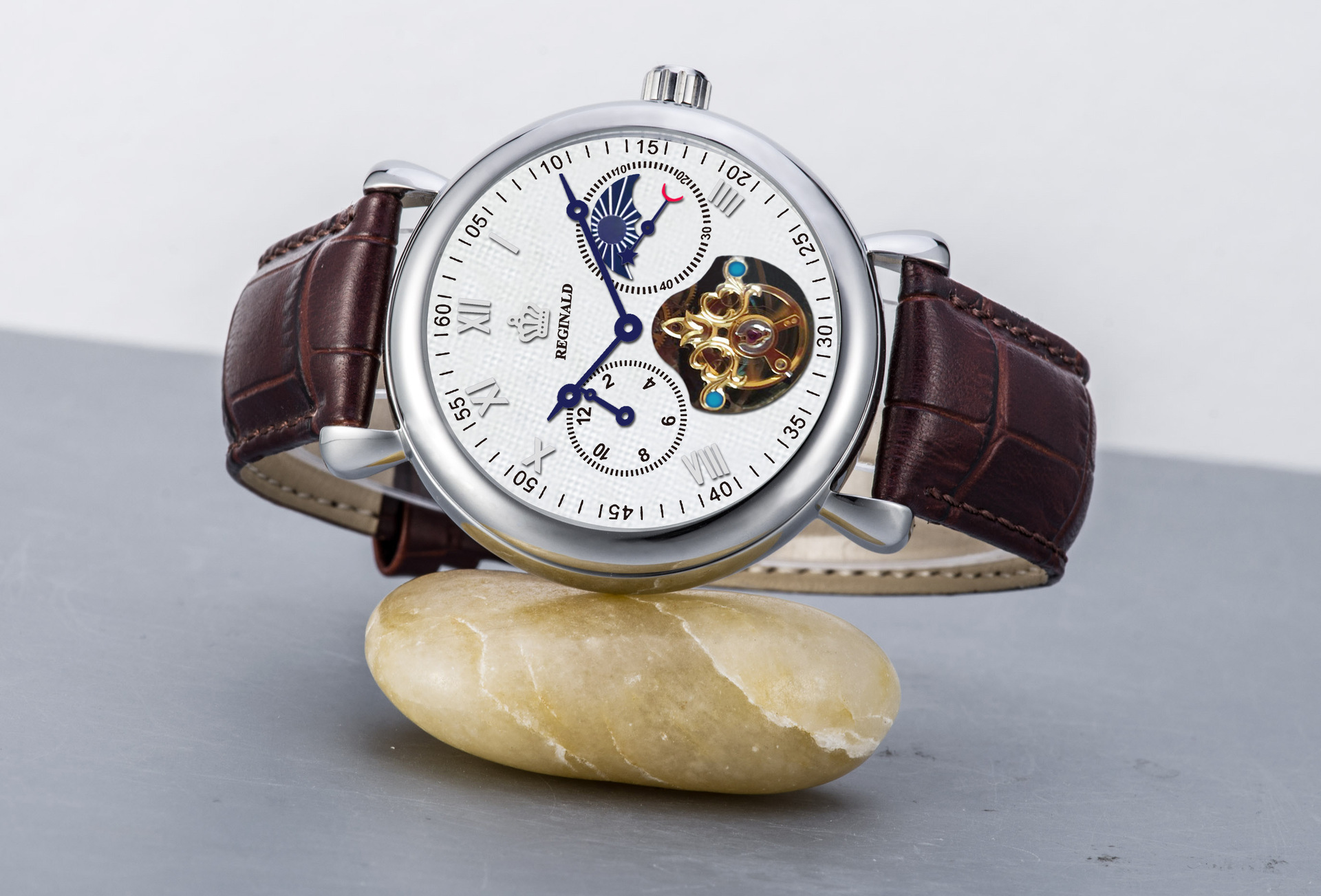 reg自动机械表日月星辰休闲手表男式皮带腕表多功能男士手表批发