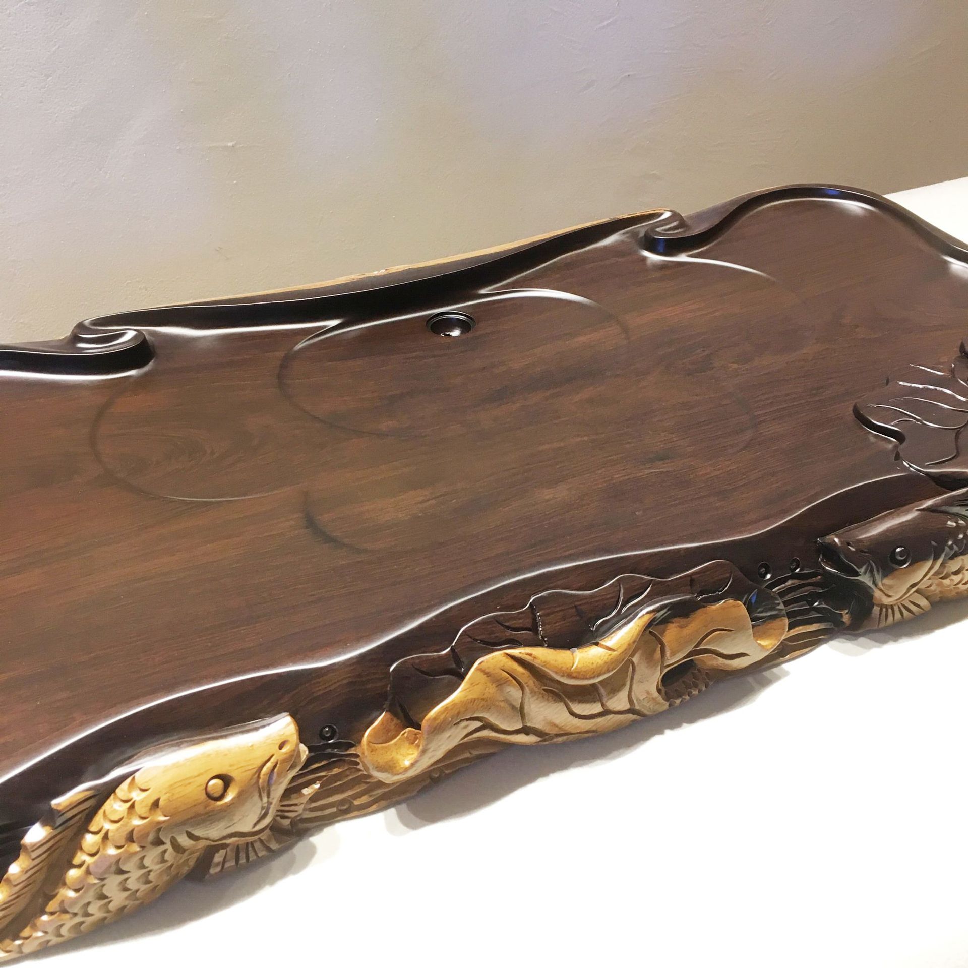 黑檀木茶盘茶台 实木整块茶具 纯手工边雕刻 功夫茶盘 荷叶鱼