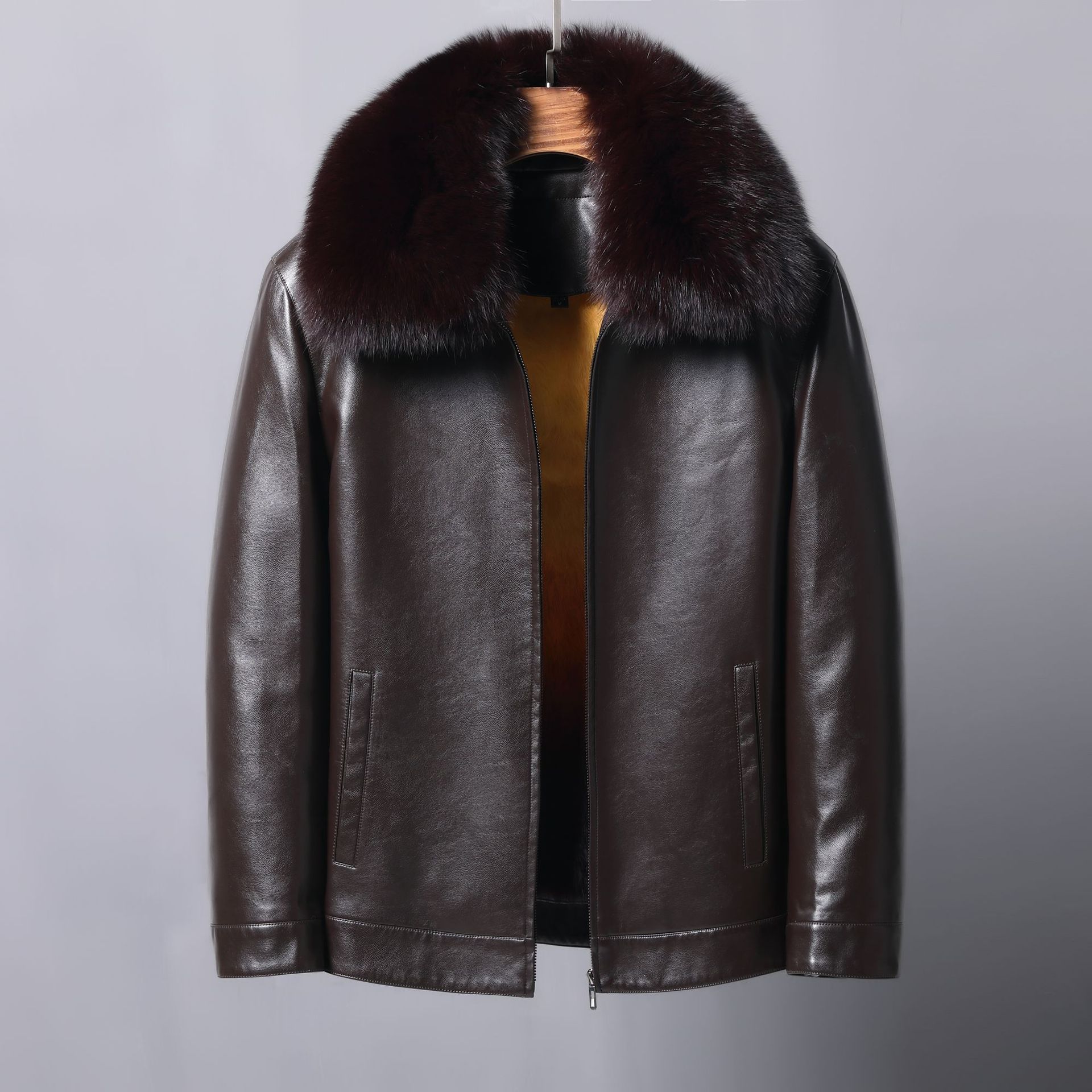 中老年真皮皮衣男加厚狐狸毛领短款尼克服獭兔毛胆皮大衣外套男士