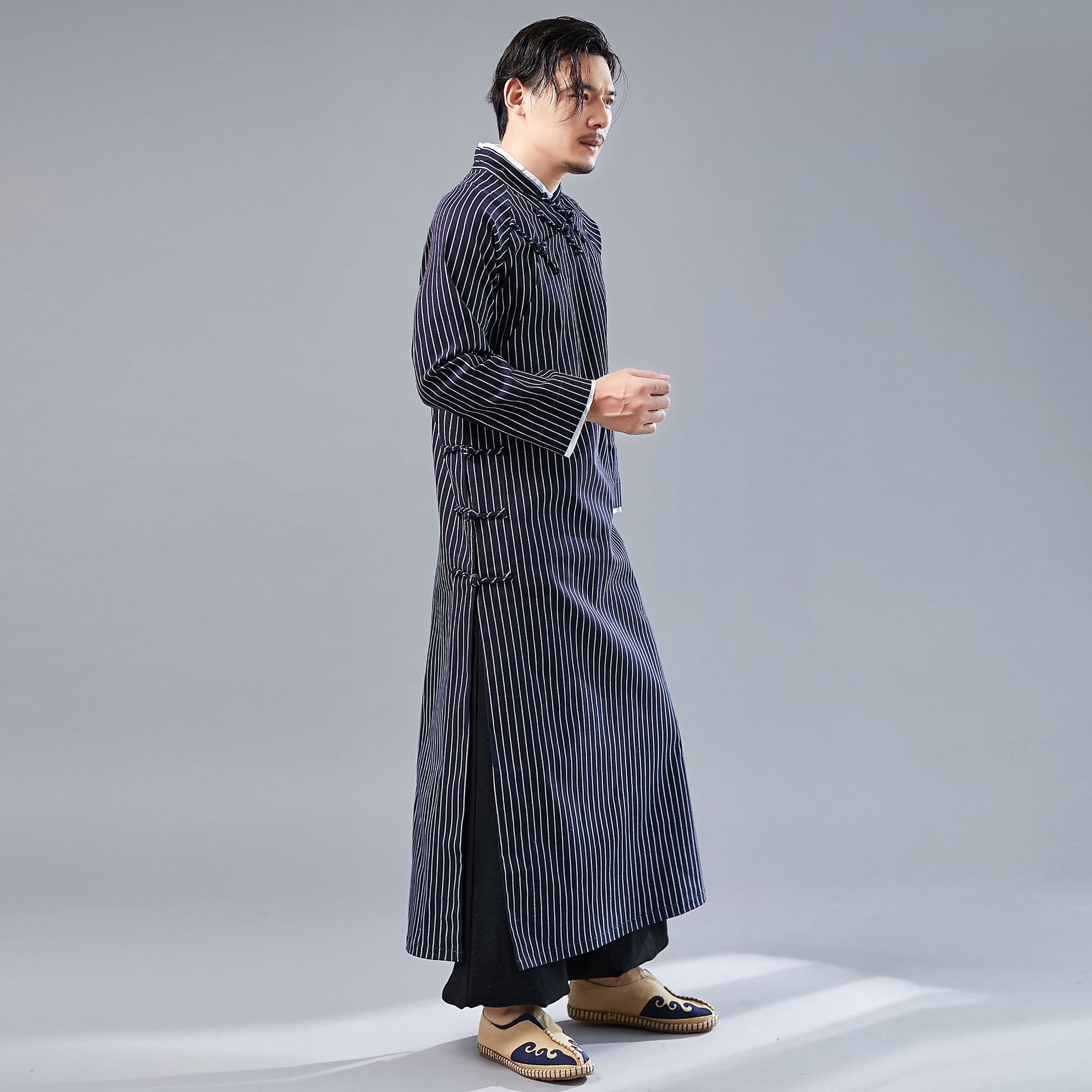 复古新款交领条纹长袍中国风棉麻手工盘扣马褂加长款唐装