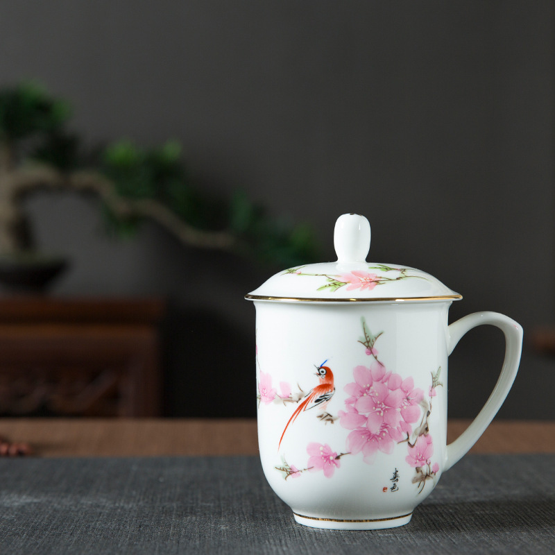 景德镇描金水点桃花茶杯毛瓷7501系列水杯新款陶瓷礼品瓷茶杯定制