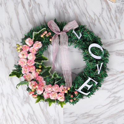 新款粉色love字母花环情人节粉玫瑰花圈家居酒店商场橱窗装饰挂件