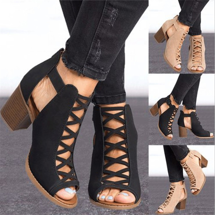 2023 Summer Foreign Trade Large Size Sandals Wish Aliexpress Amazon European and American Peep-Toe High-Heeled Sandals Manufacturers Batch