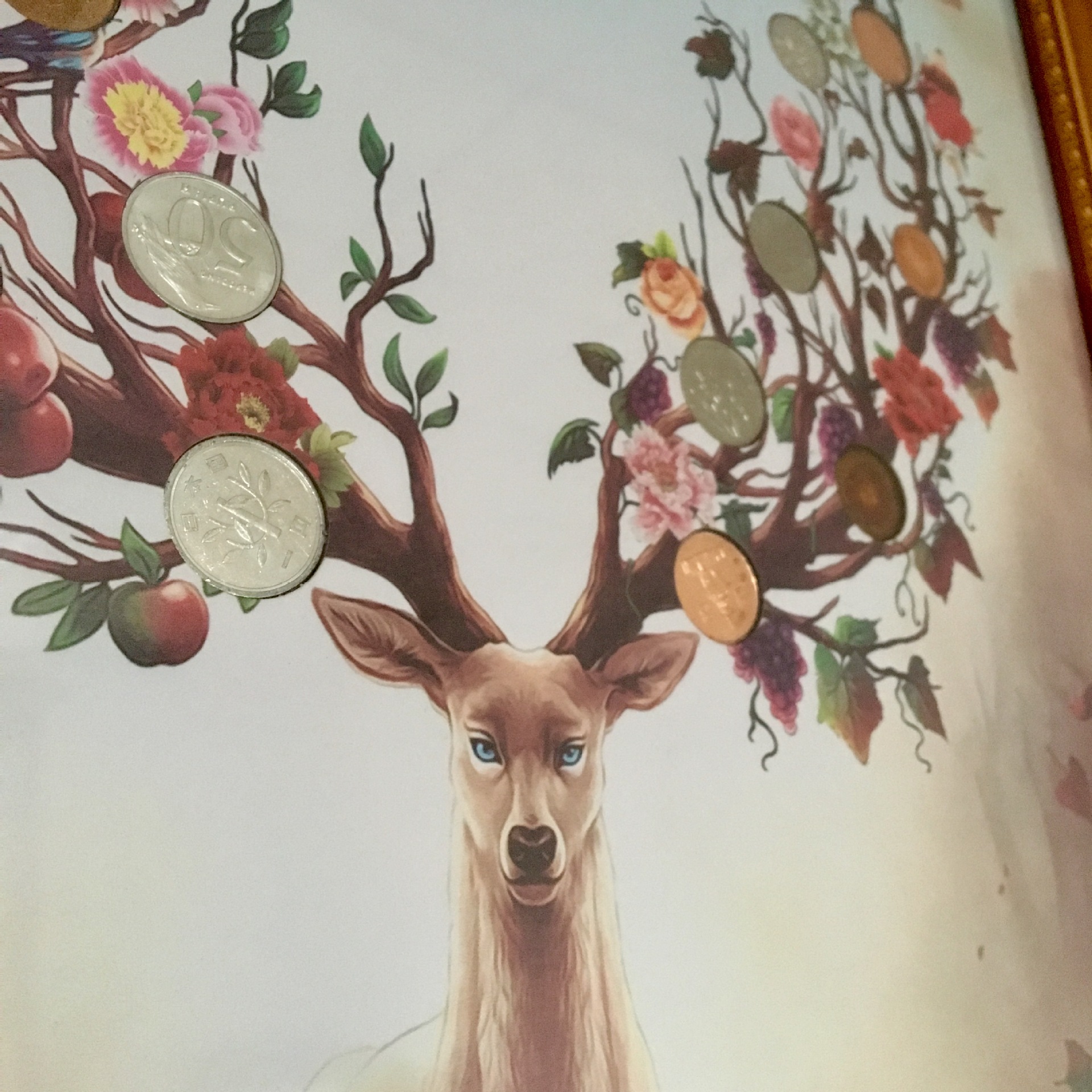 《财鹿亨通》路路发有钱花壁画 20硬币国钱币 世界花卉外币装饰画