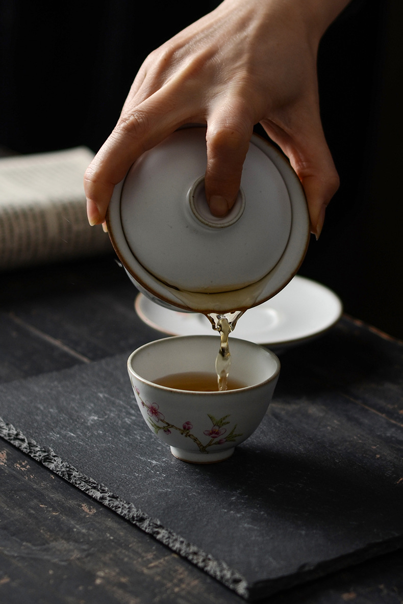 开片汝窑手绘花鸟盖碗茶杯套装陶瓷家用泡茶器茶壶功夫茶具整套