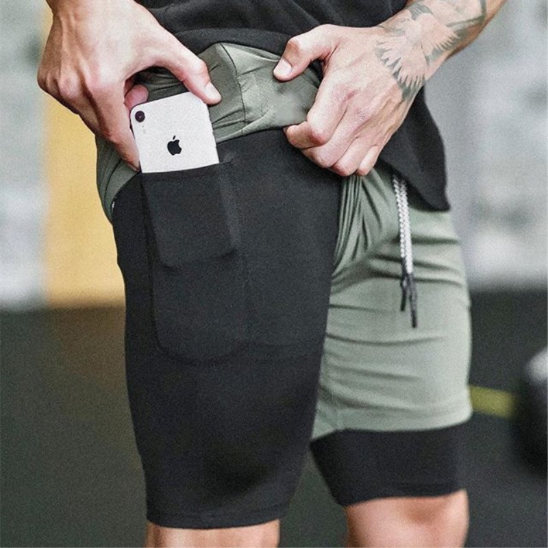 2023 Double-Layer Shorts Men's Compression Solid Color Fitness Sports for Basketball Training Men's Pants Five Points European and American Foreign Trade